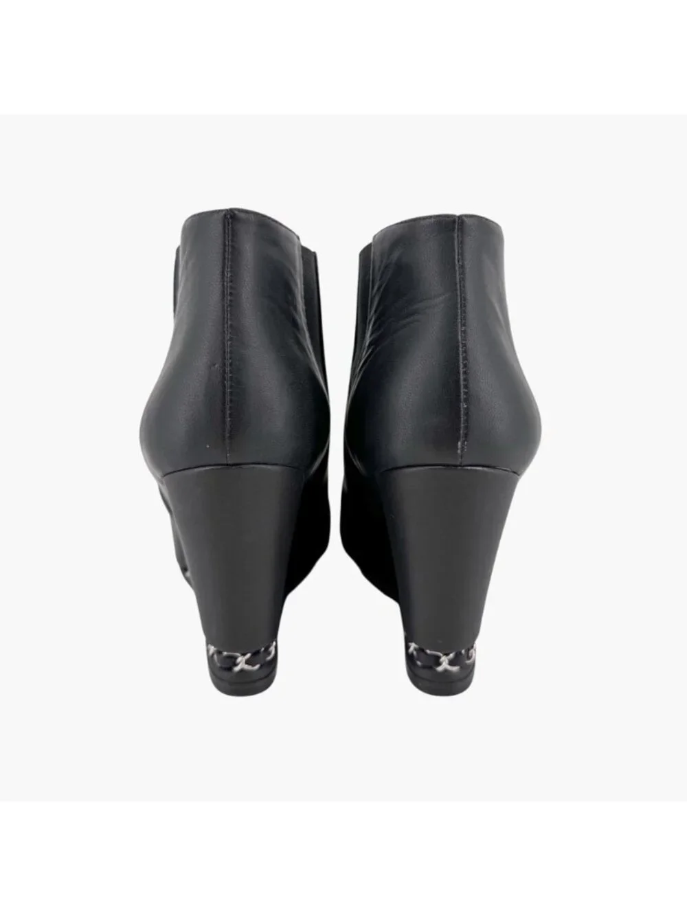 Chanel CC Black Leather Pointed Chain Wedge Ankle Boot Bootie Size 39.5 US 8.5-9